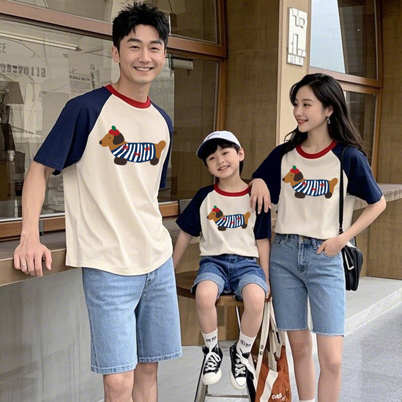 Dog Western Style Mother-daughter Matching Outfit Cotton Short Sleeve Contrast Color Korean Style