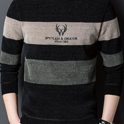 Mens Casual Striped Crew Neck Sweater Long Sleeve Pullover