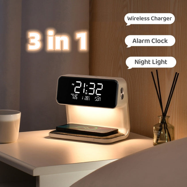 Creative 3 In 1 Bedside Lamp Wireless Charging LCD Screen Alarm Clock  Wireless Phone Charger Hover Image