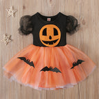 Short-sleeved Halloween Pumpkin Bat Printed Mesh Tulle Tutu Dress