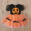 Short-sleeved Halloween Pumpkin Bat Printed Mesh Tulle Tutu Dress