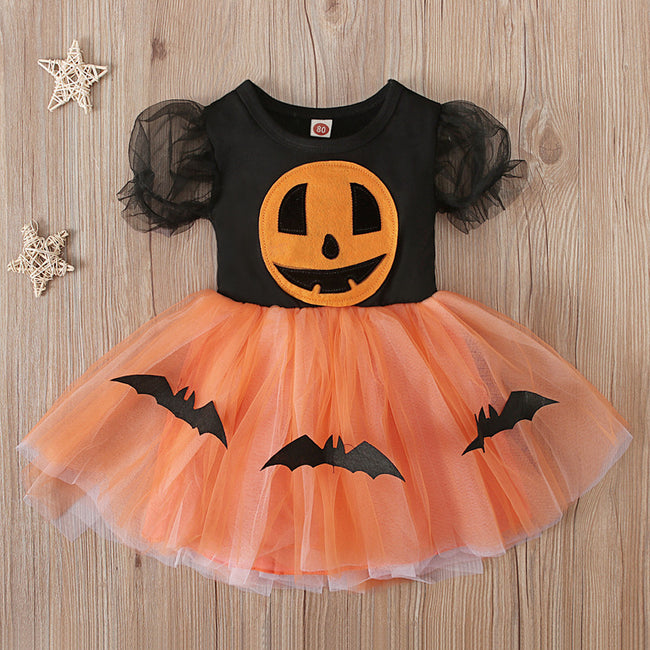 Short-sleeved Halloween Pumpkin Bat Printed Mesh Tulle Tutu Dress Hover Image