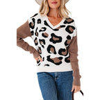 Fashionable Leopard Print Printed V-neck Knitted Sweater