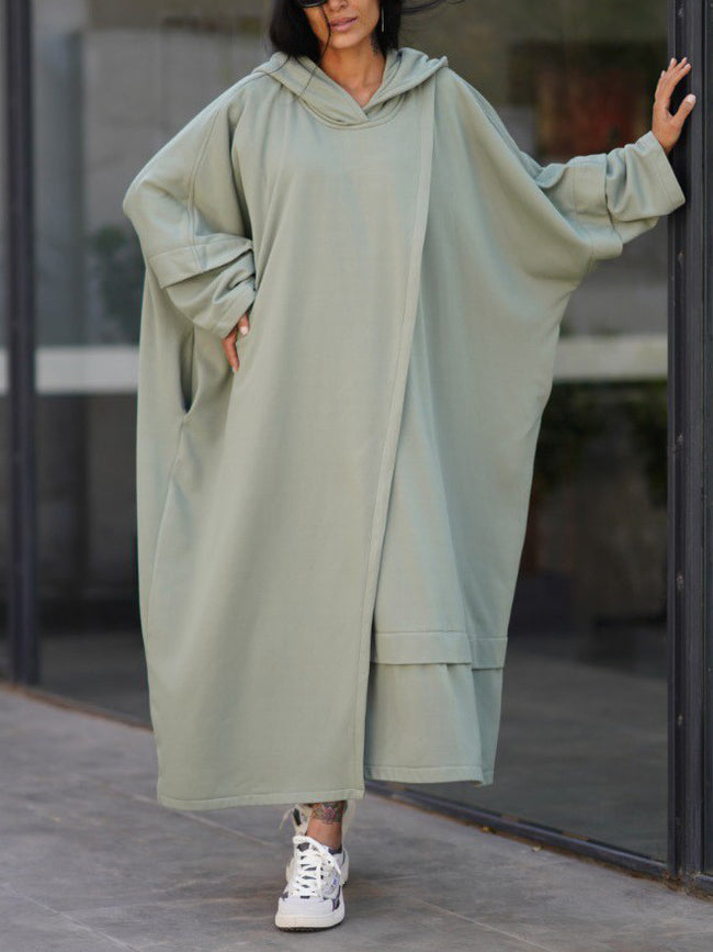 Sage Green Oversized Cape Dress With Hooded Design Hover Image