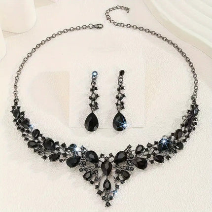 Elegant Black Crystal Necklace And Earrings Set 3 Pcs