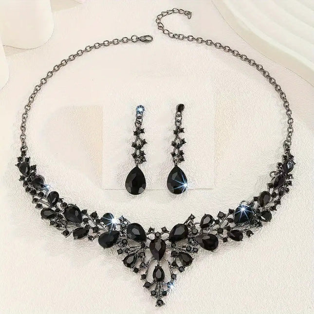 Elegant Black Crystal Necklace And Earrings Set 3 Pcs