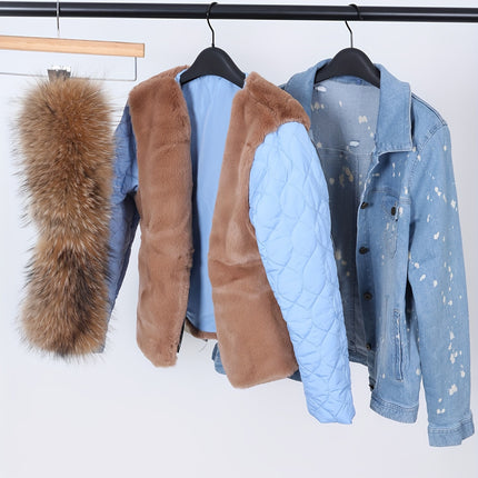 Winter Denim Jacket With Faux Fur Trim Gradient Blue Black