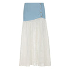 French Style Gentle Low Waist Breasted Denim Stitching Lace A- Line Dress