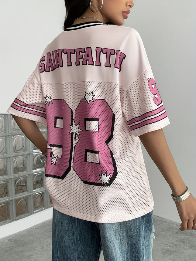 Womens Y2K Inspired V Neck Jersey Shirt With Savage Print