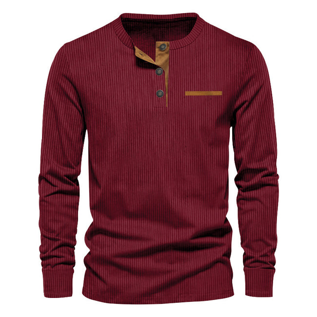 Men's Independent Stand Corduroy Casual Henley Slim Solid Color Long Sleeve T-shirt Hover Image