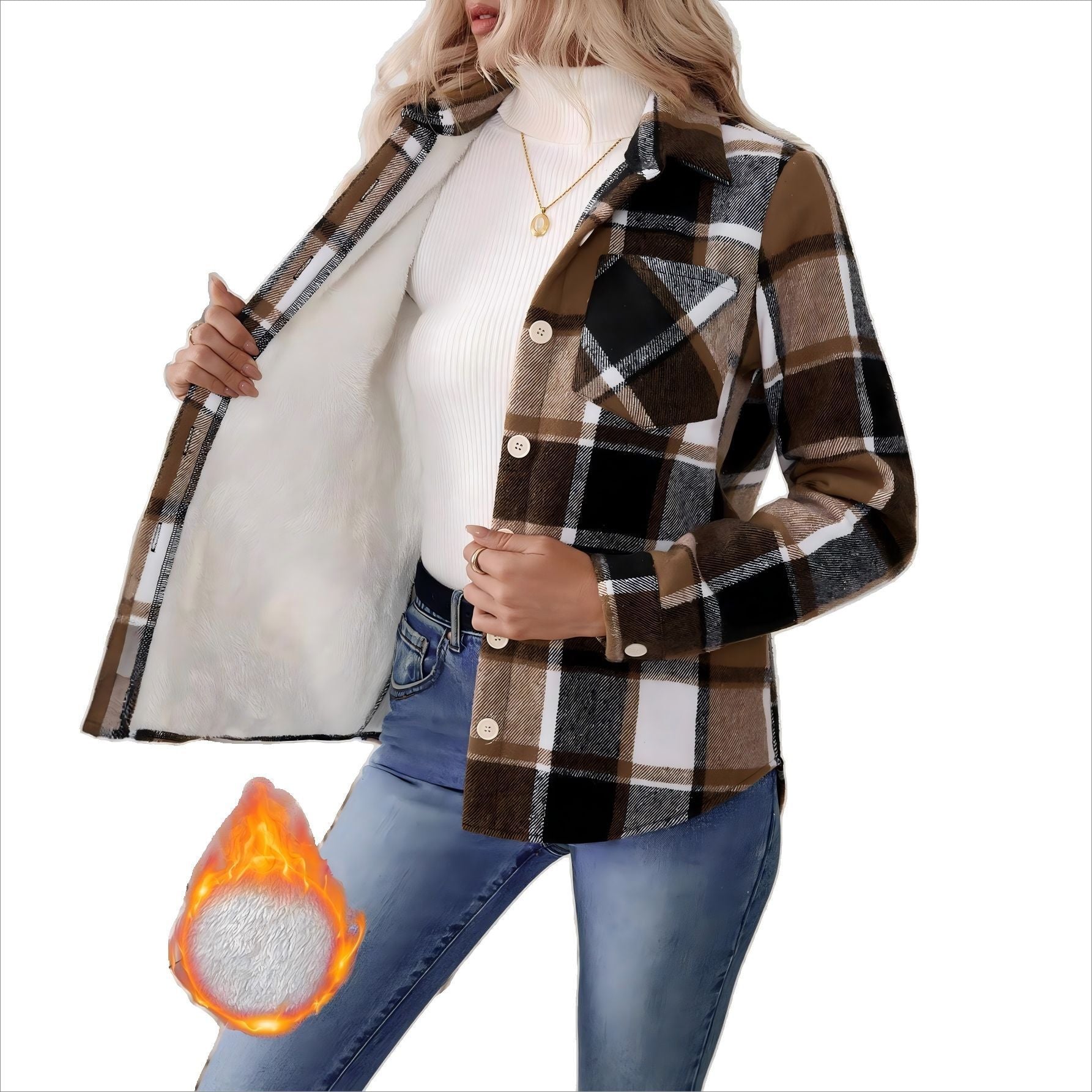 Woolen Woven Plaid Button Shirt Collar Jacket Top