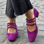 Women's Leather Square Toe Low-cut Retro Style Chunky Heel High Heels