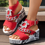 Newspaper Buckle Denim Wedge Slides - Anklet Not Included