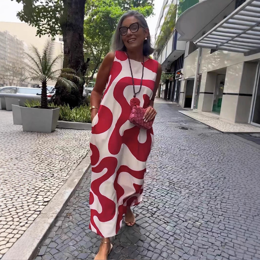 New V-neck Printed Sleeveless Dress Casual