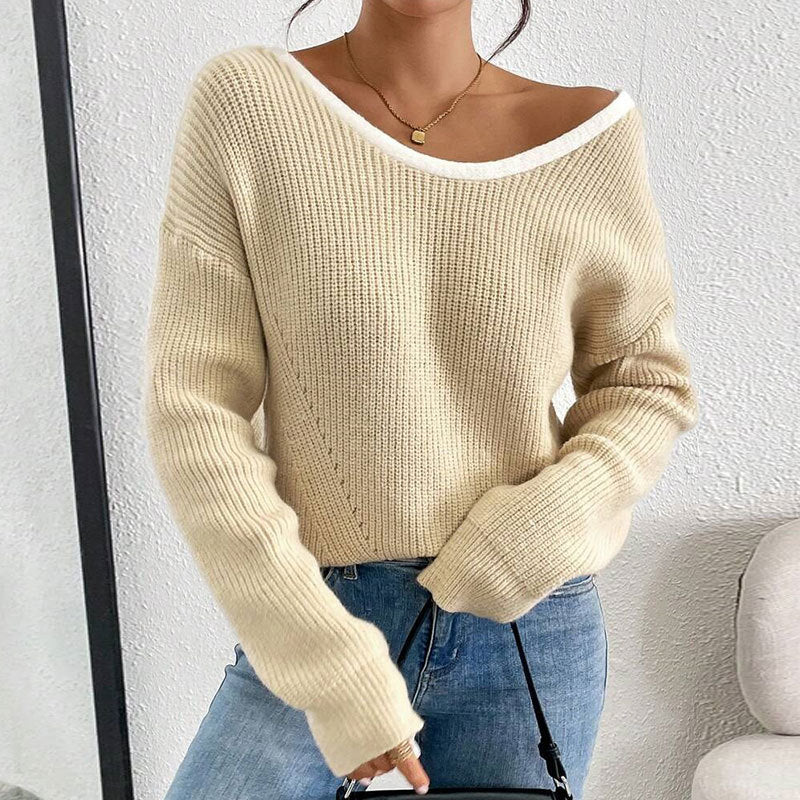 Women's Bow Sweater Long Sleeve Top, Open Back Crew Neck Split Pullover, Fall Trendy Going Out Sweater