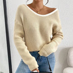 Women's Bow Sweater Long Sleeve Top, Open Back Crew Neck Split Pullover, Fall Trendy Going Out Sweater