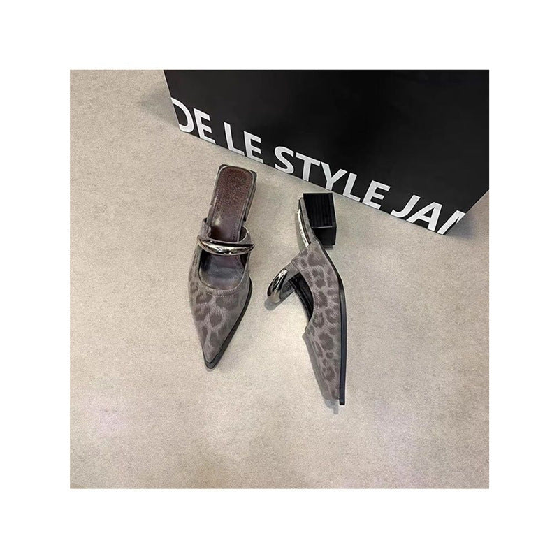 New Spring And Summer Metal Buckle French Style Slip-on Closed Toe Half Slippers For Women