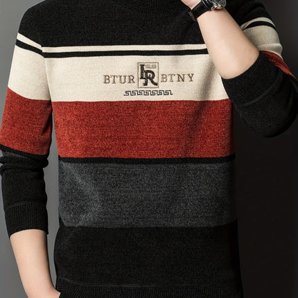 Mens Winter Striped Crew Neck Sweater Long Sleeve Pullover