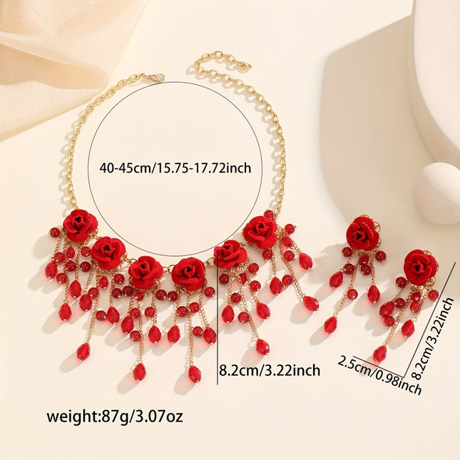 Three Piece Red Rose Tassel Necklace And Rose Earrings Set