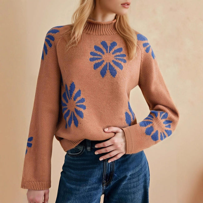 Round Neck Flower Color Collision Design Casual Knitted Sweater Hover Image