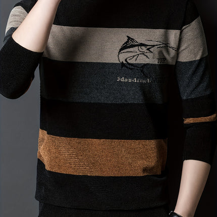 Mens Shark Graphic Striped Knit Sweater Round Neck Casual
