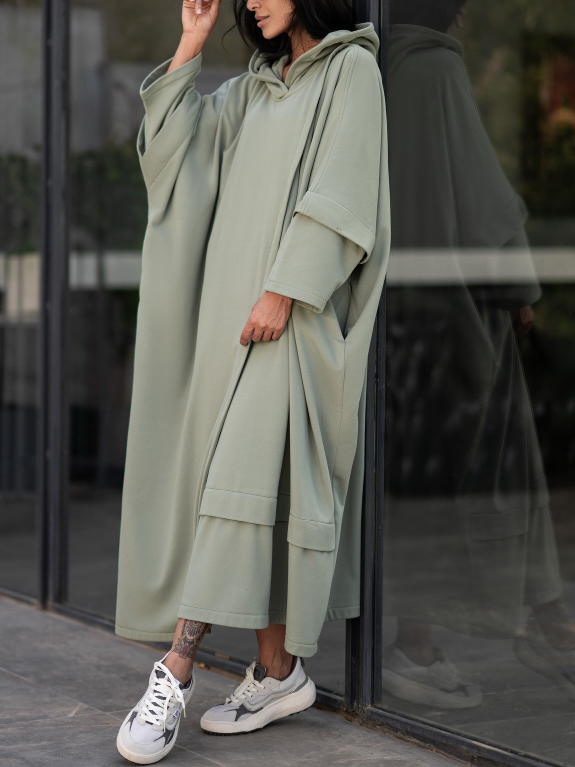 Sage Green Oversized Cape Dress With Hooded Design