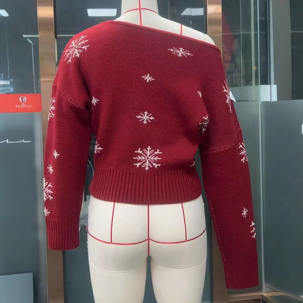 Snowflake Christmas Sweater For Women Pullover Boat Neck