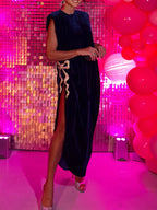 Navy Blue Velvet Gown With White Bow And High Slit Detail