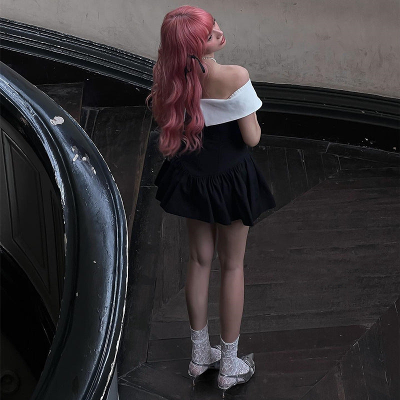 Off-shoulder Bow Lace-up Waist Trimming Short-sleeved Dress