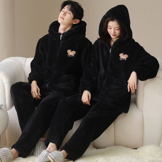Plush Couple Pajamas Women's Winter Casual Zipper Hooded Outerwear Men's Homewear Suit Hover Image