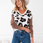 Fashionable Leopard Print Printed V-neck Knitted Sweater