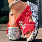 Newspaper Skull Original Hem Platform Wedge Slides - Anklet Not Included