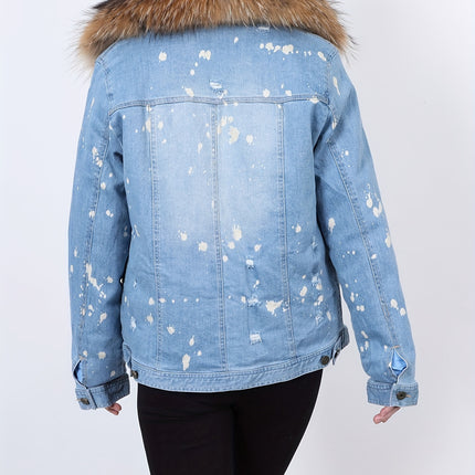 Winter Denim Jacket With Faux Fur Trim Gradient Blue Black