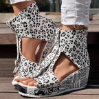 Round Toe Fish Mouth Leopard Print Casual High Heel Wedge Shoes - Anklet Not Included