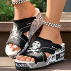 Newspaper Skull Original Hem Platform Wedge Slides - Anklet Not Included