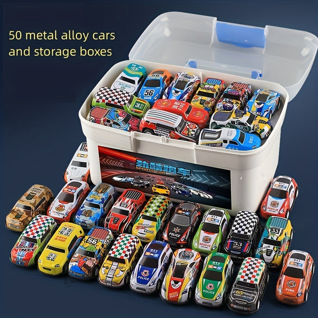 Mini Alloy Car Set 50Pcs With Storage Box Pull Back Action