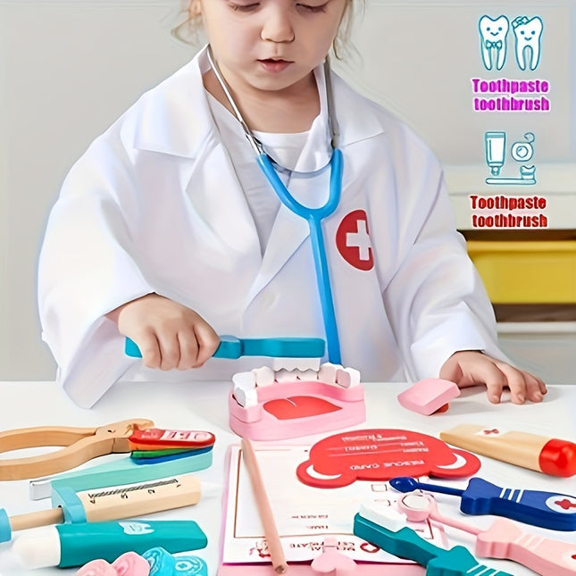 Kids Wooden Doctor Role Play Set Red Medical Box Kit