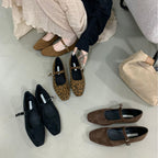 Vintage Suede Black Leather Flat Shoes Women's Buckle Comfortable Soft Bottom