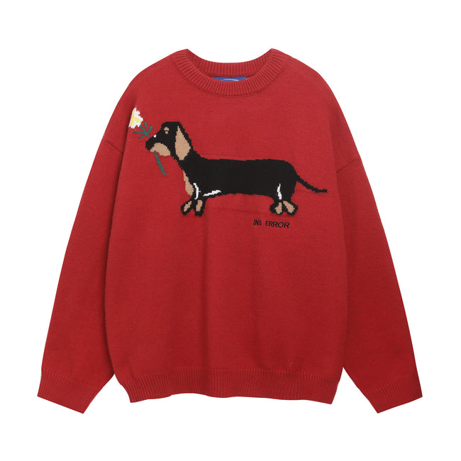 American Retro Sausage Puppy Jacquard Round Neck Sweater Main Image