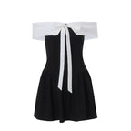 Off-shoulder Bow Lace-up Waist Trimming Short-sleeved Dress