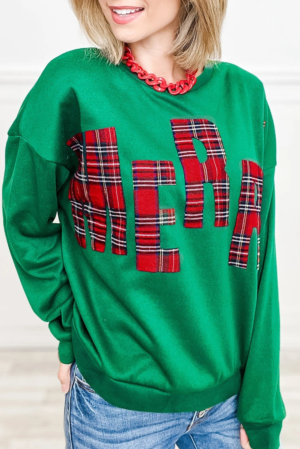 Fashionable Embroidered Side Plaid Pullover Sweater For Women