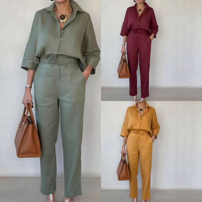 New Elegant Solid Color Polo Collar Linen Shirt And Two-piece Pants Hover Image