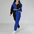 Women's Color Block 2 Piece Set, Full Zip Up Cropped Hoodie Jacket & Drawstring Cargo Pants, Casual Streetwear Outfit