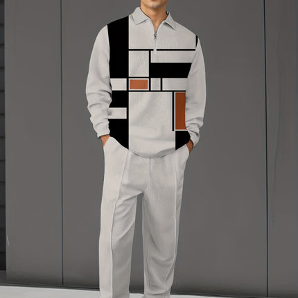 Mens Fashion Zipper Turnover Collar Long Sleeve Trousers