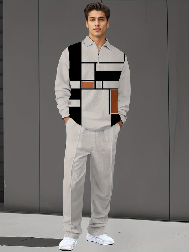 Mens Fashion Zipper Turnover Collar Long Sleeve Trousers
