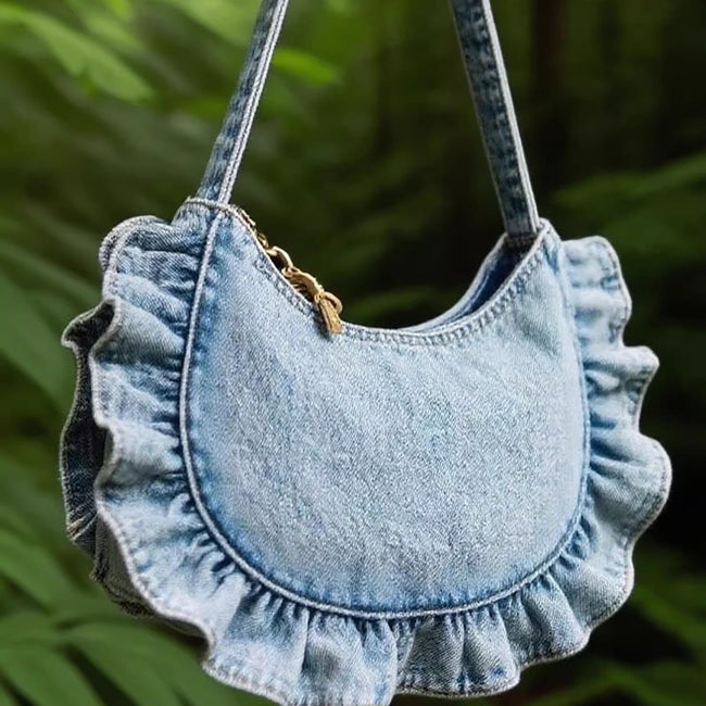 Polyester Women's Denim Lace Pleated Cross-body Bag Hover Image