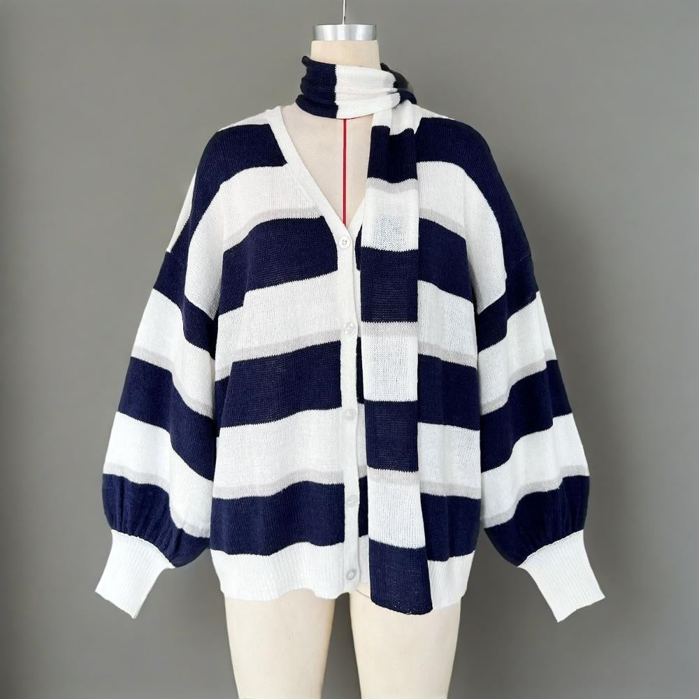 Womens Striped Cardigan Sweaters V Neck Open Front Button Up Color Block Loose Coats With Scarf