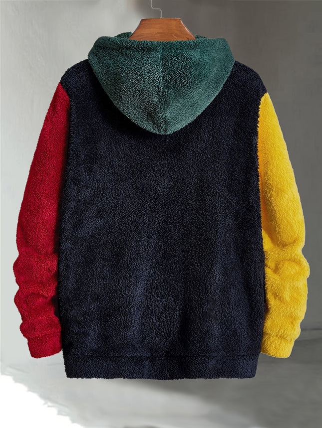 Mens Multicolor Fleece Hoodie Color Block Patch Drawstring