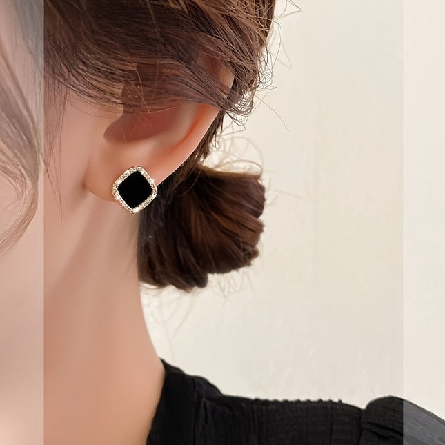Elegant Black Stud Earrings Korean Style Rhinestone Inlay