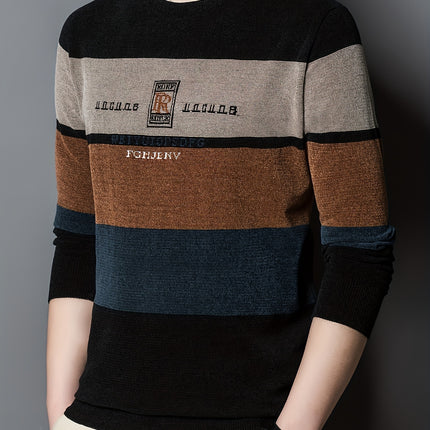 Men's Polyester Knit Sweater Striped Crew Neck Fall Winter